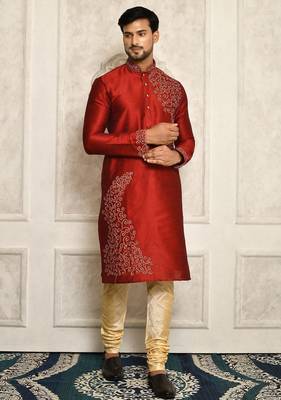 red art dupion silk kurta for men with embroidery work 1
