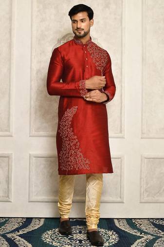 Red dupion art silk  kurta with computerised embroidery machine work churidar