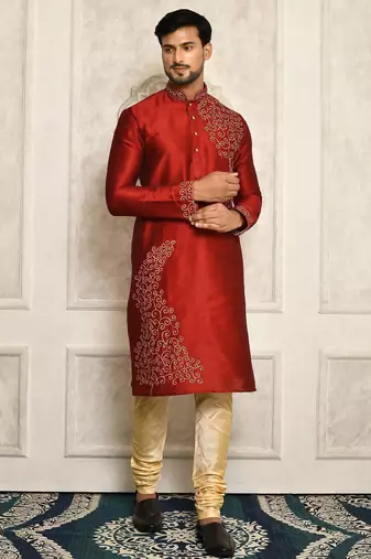 Red dupion art silk  kurta with computerised embroidery machine work churidar
