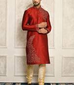 Red dupion art silk  kurta with computerised embroidery machine work churidar