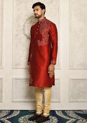 red art dupion silk kurta for men with embroidery work 2