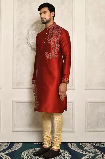 red art dupion silk kurta for men with embroidery work