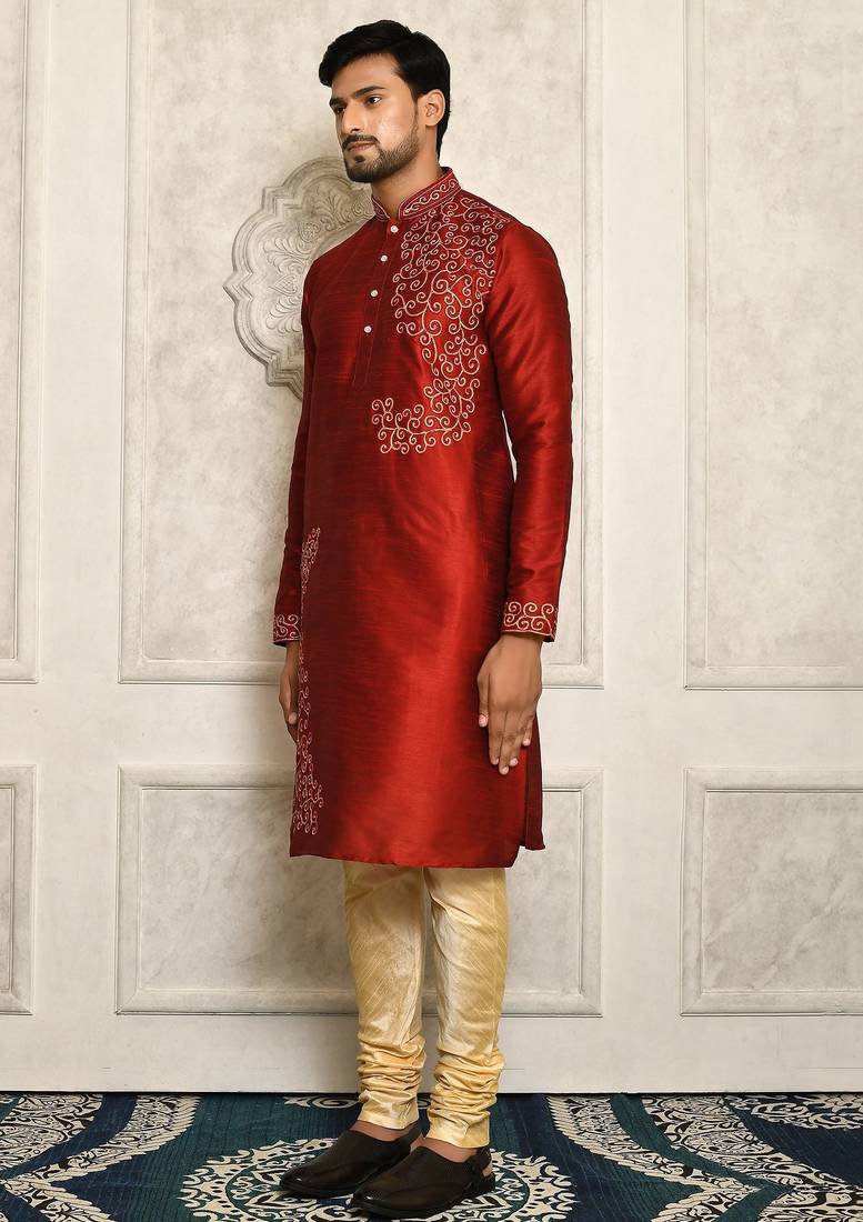 Red dupion art silk  kurta with computerised embroidery machine work churidar