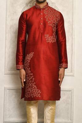 red art dupion silk kurta for men with embroidery work 3