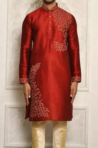 red art dupion silk kurta for men with embroidery work