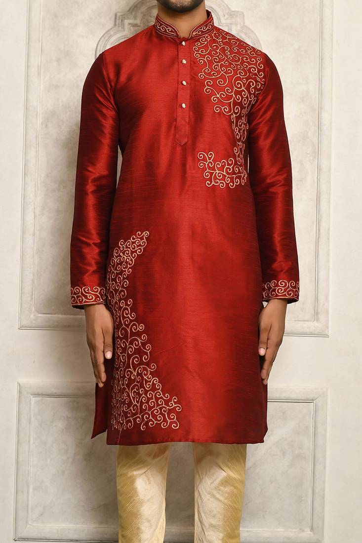 Red dupion art silk  kurta with computerised embroidery machine work churidar