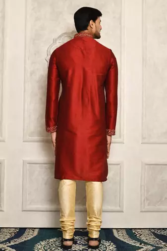 red art dupion silk kurta for men with embroidery work