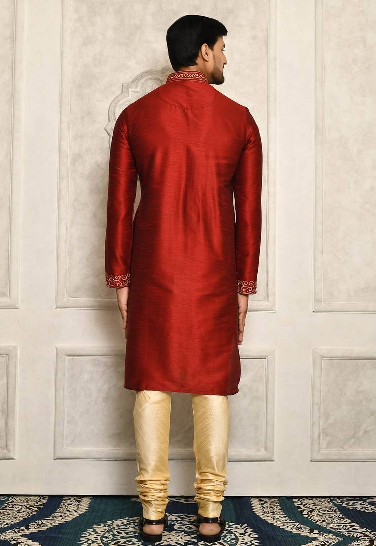 Red dupion art silk  kurta with computerised embroidery machine work churidar