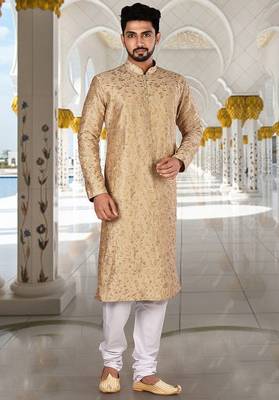 men's beige art dupion silk kurta with embroidery work and churidar 1