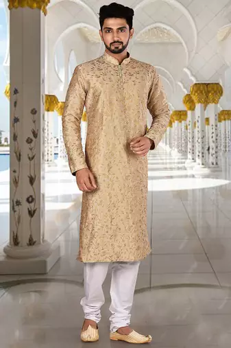 Dark beige dupion art silk  kurta with computerised embroidery machine work churidar