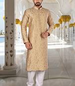 Dark beige dupion art silk  kurta with computerised embroidery machine work churidar