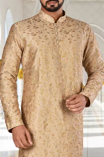 men's beige art dupion silk kurta with embroidery work and churidar