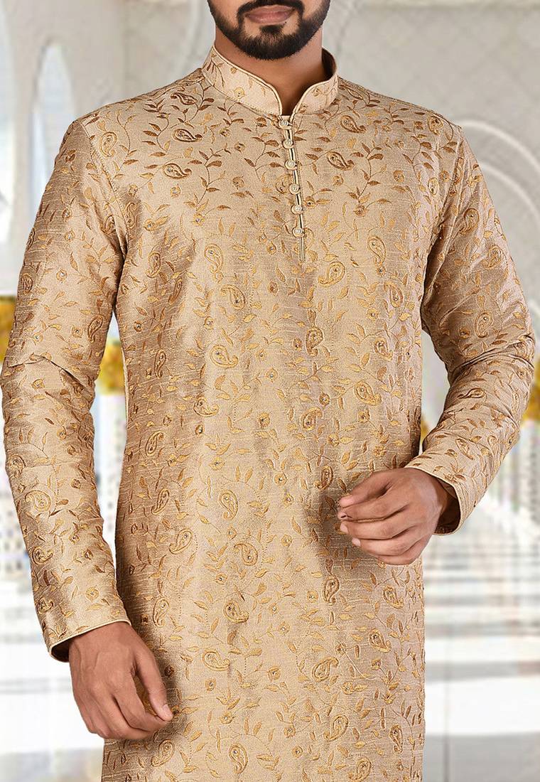 Dark beige dupion art silk  kurta with computerised embroidery machine work churidar
