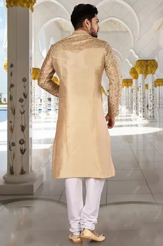men's beige art dupion silk kurta with embroidery work and churidar