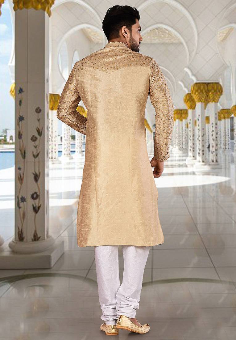 Dark beige dupion art silk  kurta with computerised embroidery machine work churidar