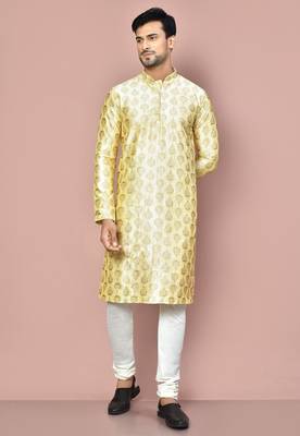 men's fawn art dupion silk kurta with embroidery work and churidar 1