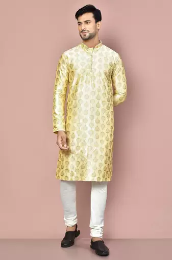 Fawn dupion art silk  kurta with computerised embroidery machine work churidar
