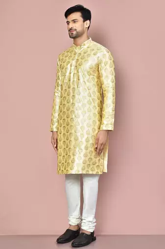 men's fawn art dupion silk kurta with embroidery work and churidar