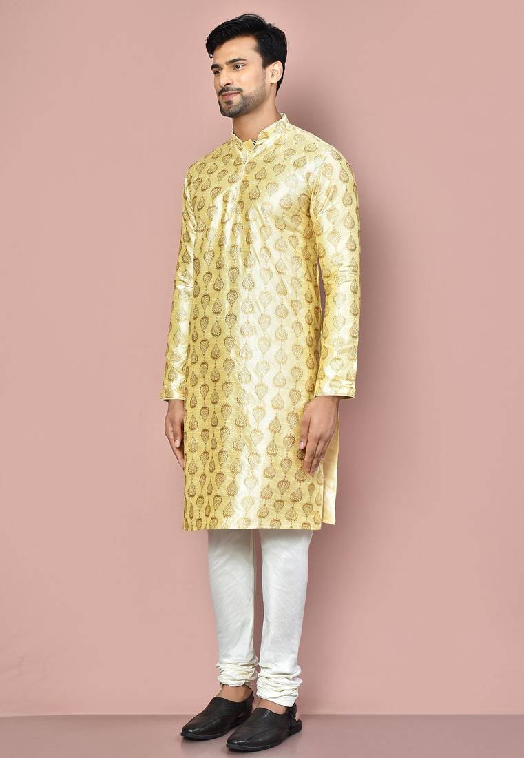 Fawn dupion art silk  kurta with computerised embroidery machine work churidar