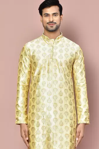 men's fawn art dupion silk kurta with embroidery work and churidar