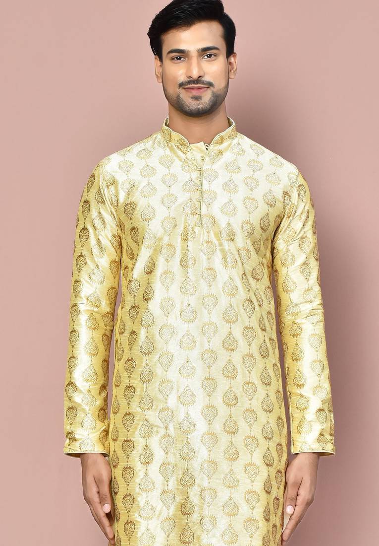 Fawn dupion art silk  kurta with computerised embroidery machine work churidar