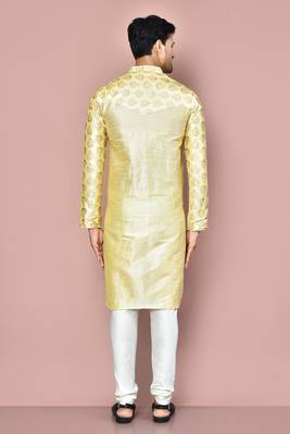 men's fawn art dupion silk kurta with embroidery work and churidar 4