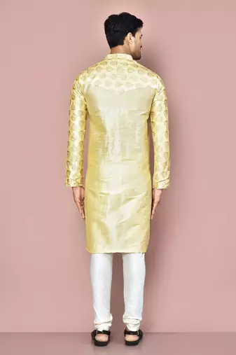 men's fawn art dupion silk kurta with embroidery work and churidar
