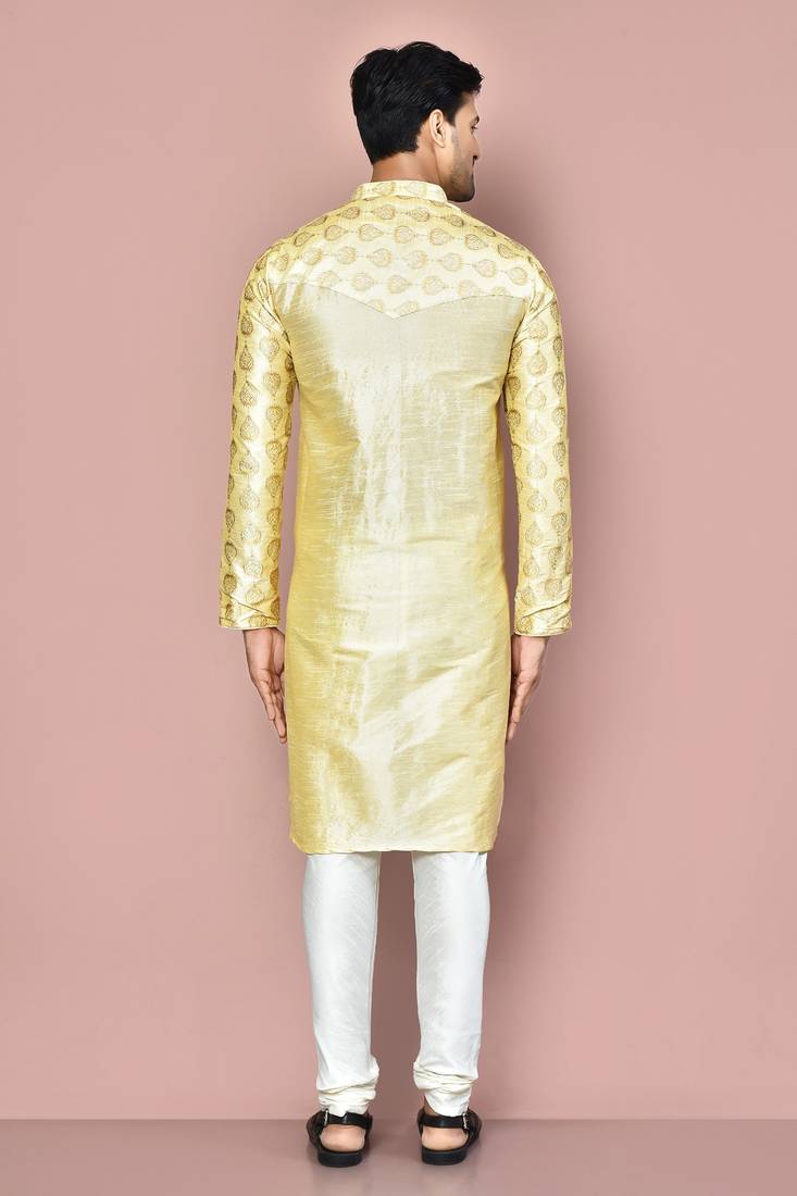 Fawn dupion art silk  kurta with computerised embroidery machine work churidar