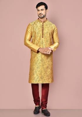 dark beige art dupion silk kurta with embroidery and maroon churidar set 1