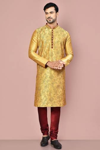 Dark beige dupion art silk  kurta with computerised embroidery machine work churidar