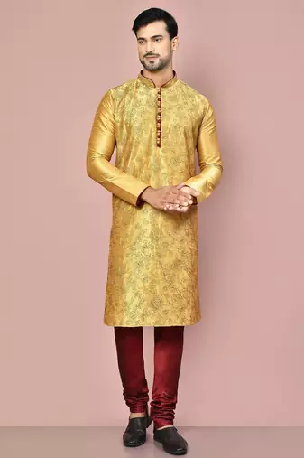 Dark beige dupion art silk  kurta with computerised embroidery machine work churidar