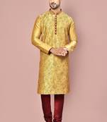 Dark beige dupion art silk  kurta with computerised embroidery machine work churidar