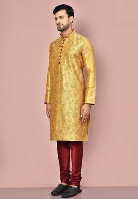 dark beige art dupion silk kurta with embroidery and maroon churidar set 2