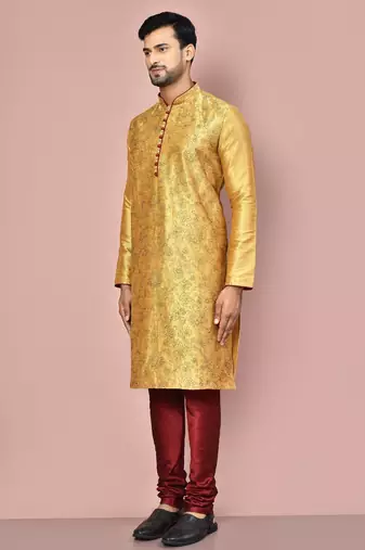 dark beige art dupion silk kurta with embroidery and maroon churidar set