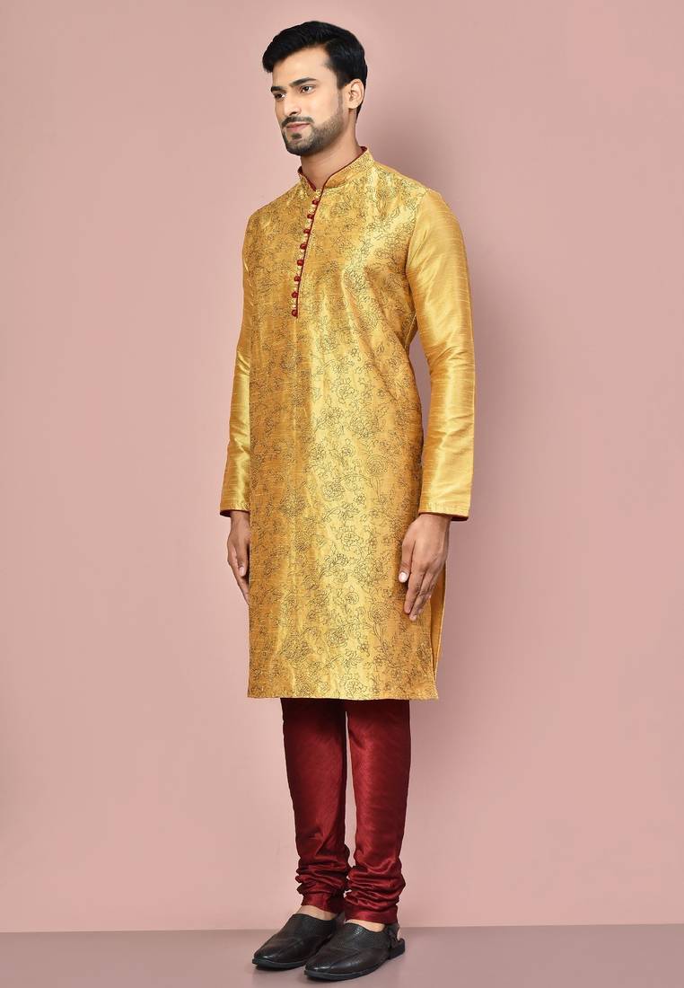 Dark beige dupion art silk  kurta with computerised embroidery machine work churidar