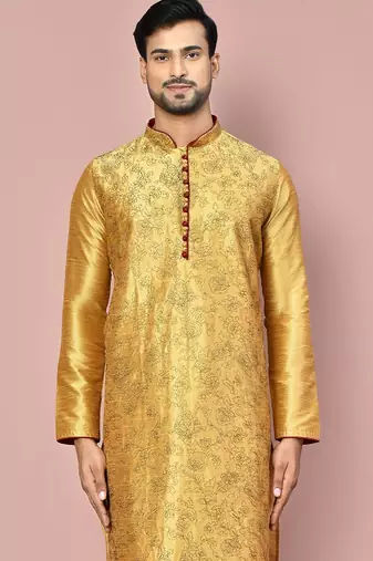 dark beige art dupion silk kurta with embroidery and maroon churidar set