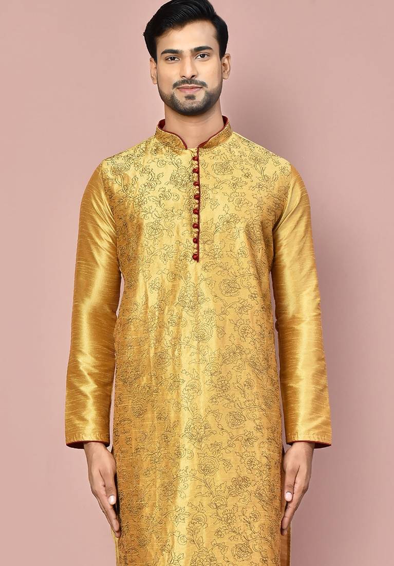 Dark beige dupion art silk  kurta with computerised embroidery machine work churidar