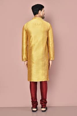 dark beige art dupion silk kurta with embroidery and maroon churidar set 4