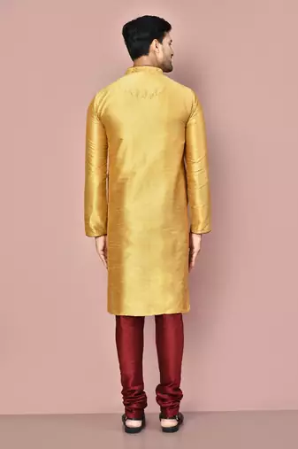 dark beige art dupion silk kurta with embroidery and maroon churidar set
