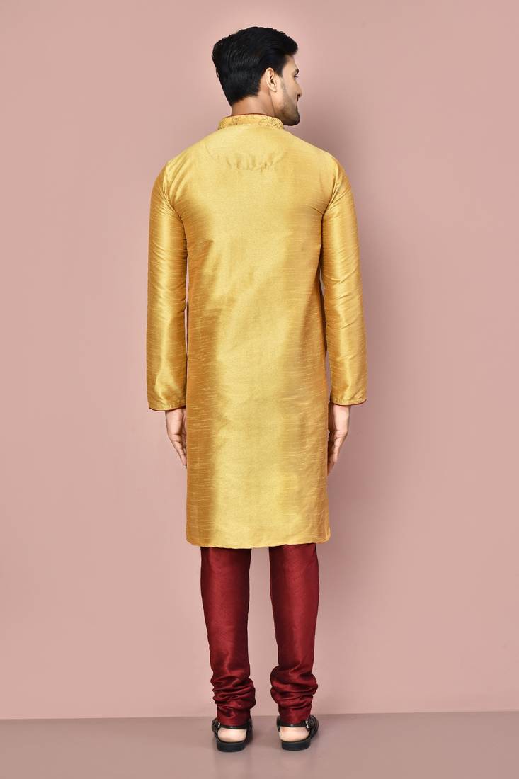 Dark beige dupion art silk  kurta with computerised embroidery machine work churidar