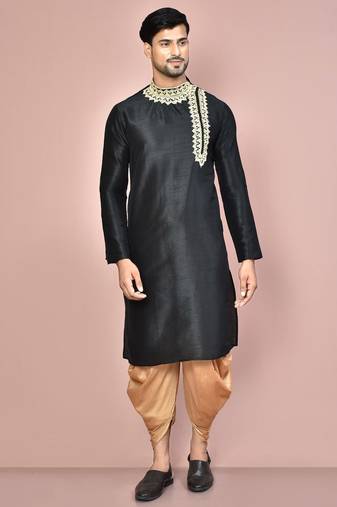 Black  dupion art silk  kurta with computerised embroidery machine work churidar