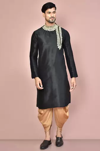 Black  dupion art silk  kurta with computerised embroidery machine work churidar