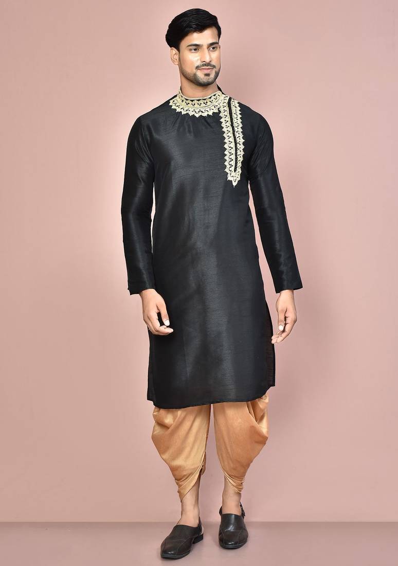 Black  dupion art silk  kurta with computerised embroidery machine work churidar