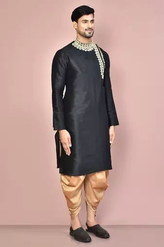 black art dupion silk embroidered kurta with patiala set for men