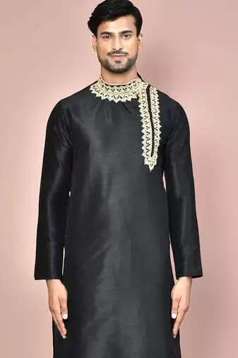 black art dupion silk embroidered kurta with patiala set for men