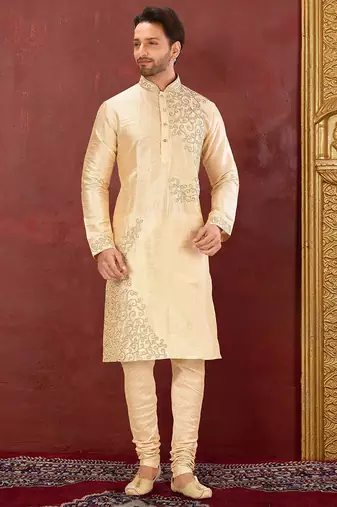 Fawn dupion art silk  kurta with computerised embroidery machine work churidar