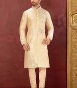 Fawn dupion art silk  kurta with computerised embroidery machine work churidar