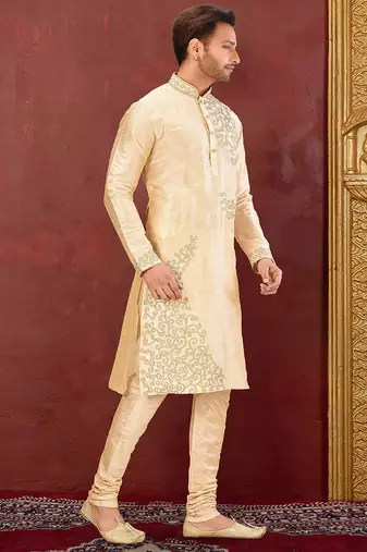 fawn art dupion silk kurta with embroidery and churidar