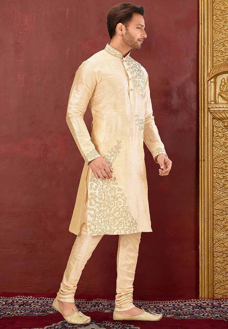 Fawn dupion art silk  kurta with computerised embroidery machine work churidar