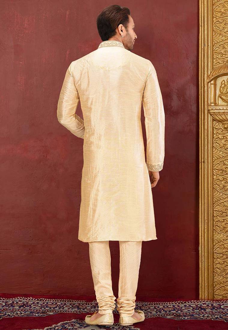 Fawn dupion art silk  kurta with computerised embroidery machine work churidar